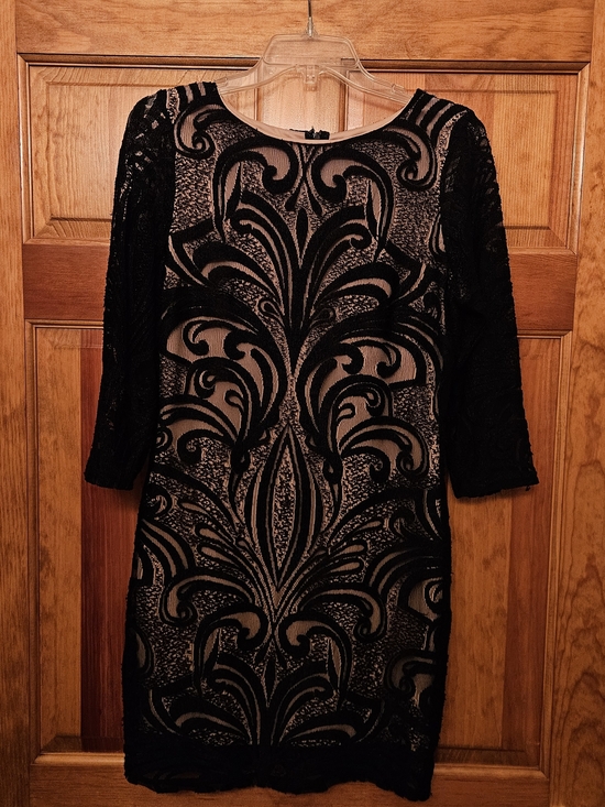 Warehouse Dresses & Skirts - Warehouse Black Lace Overlay Sheath Dress with Nude Underlay
